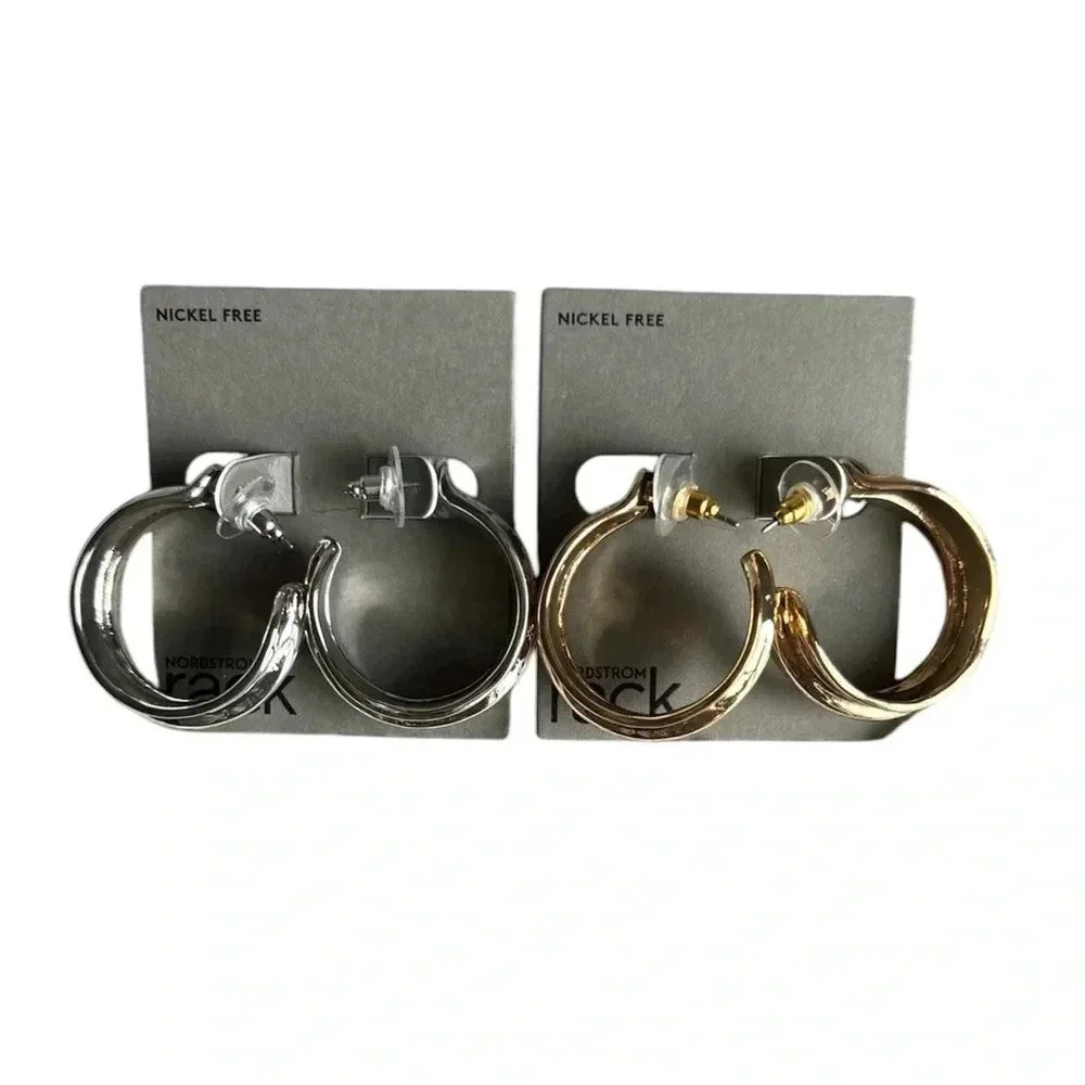 NORDSTROM RACK Wide Ripple Hoop Earrings - Set of 2 pair - Gold and Silver - NWT